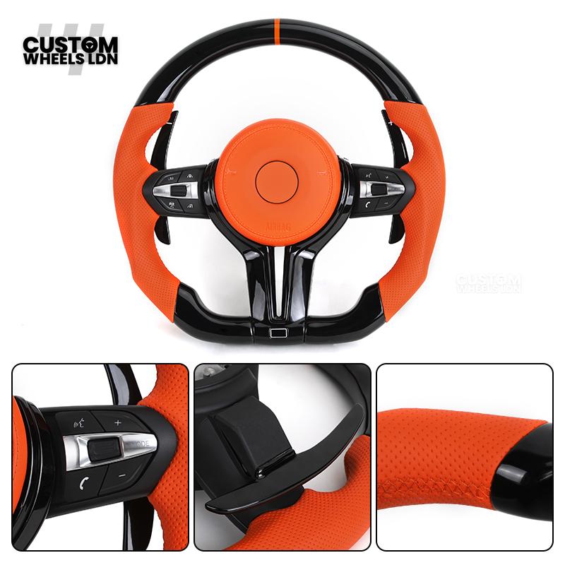 BMW Custom F-Series Piano Black & Orange Steering Wheel – Perforated Grip | Fits F20 F22 F30 F32 F36 M2 M3 M4 + more