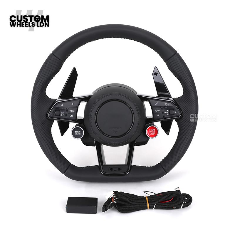 Audi Custom R8-Style Flat Bottom Steering Wheel – Black Leather, Black Stitching, Gloss Black Paddles, Start Button | Fits A4, A5, S5, A6, A7, S6, S7, Q5, SQ5 + more | Plug & Play | With Airbag | Upgrade for Older Models Available
