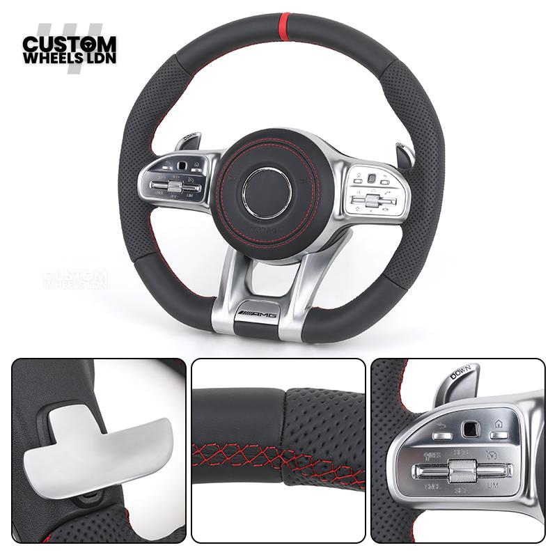 Mercedes Custom AMG Flat Bottom Steering Wheel – Black Leather, Red Stitching, Red Stripe, Silver Trim, Touch Buttons, Silver Paddles, AMG Badge | Fits C-Class, E-Class, CLS, GLC, GLE, G-Class + more | Plug & Play | Retrofit Upgrade for Older Models