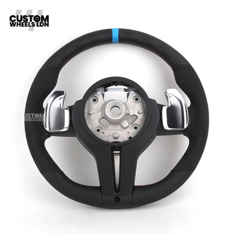 BMW Custom Flat Bottom Steering Wheel – Smooth Leather & Alcantara with Blue Center Stripe | Fits F20 F22 F30 F32 F36 F10 F06 F13 X1 X3 X4 X5 X6 + More