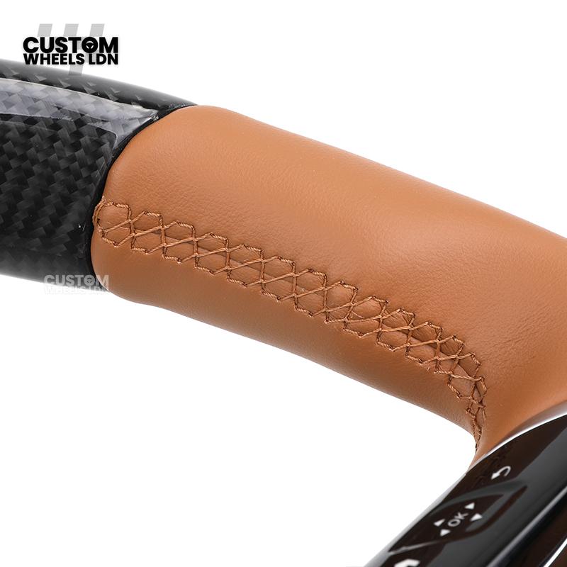 Mercedes Custom AMG Flat Bottom Steering Wheel – Brown Leather & Carbon Fibre, Tan Centre Stripe, Gloss Black Trim, Touch Control Buttons, Silver Paddles | Fits C-Class, E-Class, CLS, GLC, GLE, G-Class + more | Plug & Play | With Airbag | Retrofit Upgrade