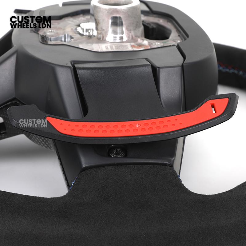 BMW Custom LCI-Style Flat Bottom Steering Wheel – Alcantara, Carbon Fibre Trims, M-Coloured Stitching, Red M Buttons, Carbon Paddles | Fits G80 M3, G82 M4, G20 3 Series, G22 4 Series, G30 5 Series + more | Plug & Play | Retrofit Upgrade for Older Models
