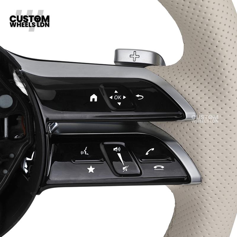 Mercedes Custom W223 Flat Bottom Steering Wheel – Beige Leather, Gloss Black Trim, Touch Control Buttons | Fits S-Class W223, GLE, GLS, E-Class W213 Facelift + more | Plug & Play | With Airbag | Retrofit Upgrade for Older Models Available