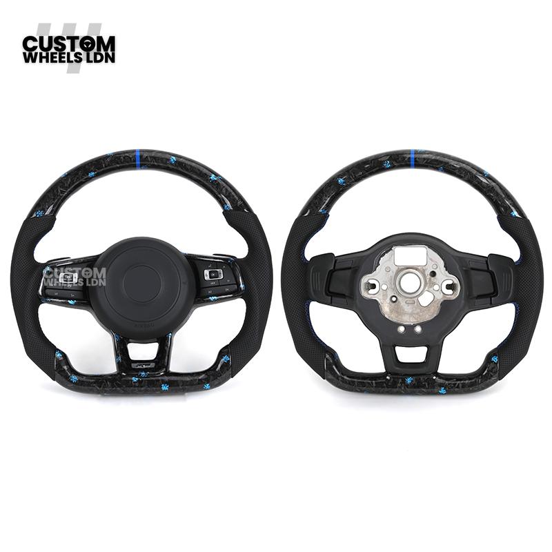 Volkswagen MK7 Custom Steering Wheel – Blue Forged Carbon with Blue Stitching & Stripe, Perforated Leather Grips | Fits Golf GTI, R, Scirocco + more | Plug & Play