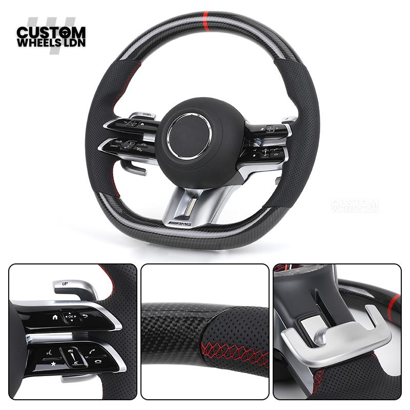 Mercedes Custom W223 AMG Flat Bottom Steering Wheel – Carbon Top & Bottom, Red Center Stripe, Perforated Grips, Silver Paddles, Touch Control Buttons | Fits C63, E63, S63, GLE, GLS, W223 + more | Plug & Play | With Airbag | Retrofit Upgrade for Older Mode