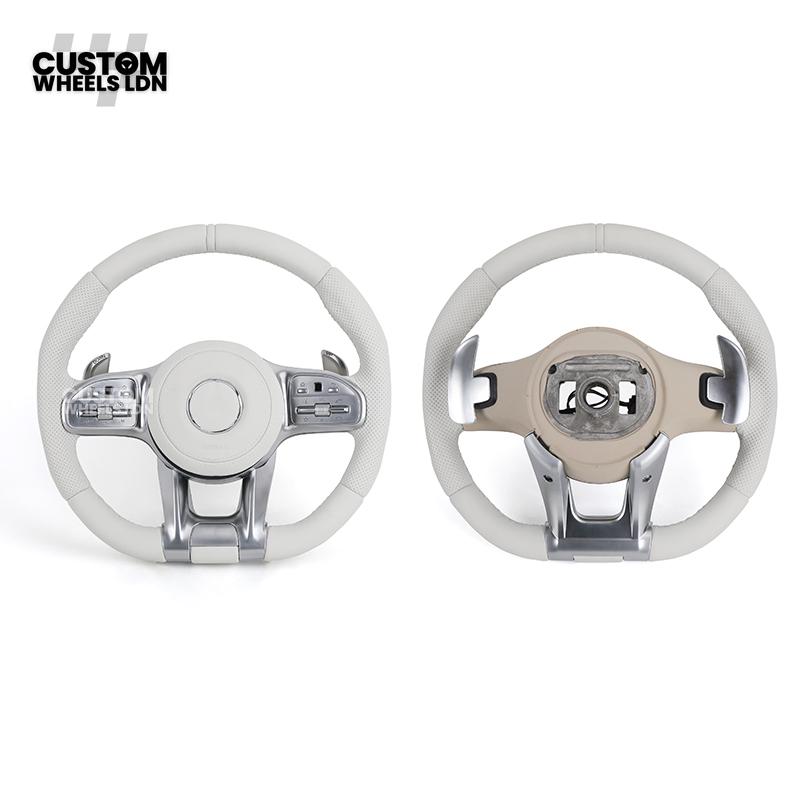 Mercedes Custom AMG Flat Bottom Steering Wheel – White Leather, Perforated Sides, Silver AMG Trim, Touch Buttons & Silver Paddles | Fits W205 C-Class, W213 E-Class, GLC, GLE, CLS + more | Plug & Play | Airbag | Retrofit Upgrade for Older Model Available