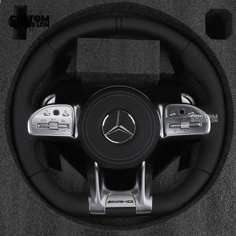 Mercedes Custom AMG Flat Bottom Steering Wheel – Full Black Leather, Black Stripe, Silver Trim, Touch Control Buttons, Silver Paddles, AMG Badge | Fits C-Class, E-Class, CLS, GLC, GLE, G-Class + more | Plug & Play | Retrofit Upgrade for Older Models