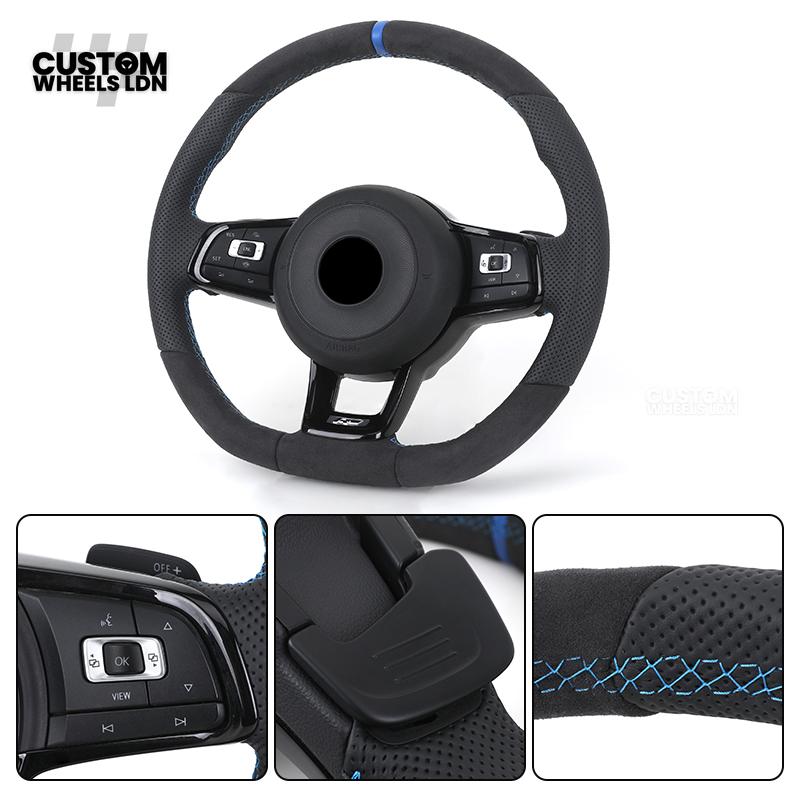 Volkswagen Custom Steering Wheel – Alcantara & Perforated Leather, Blue Centre Stripe, Flat Bottom, OEM Buttons | Fits Golf GTI, R, Polo, Passat + more | Plug & Play Retrofit Upgrade