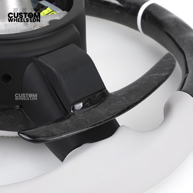 BMW Forged Carbon & White Leather Steering Wheel | Paddle Shifters | M Badge | Flat Bottom | Fits 1 2 3 4 5 Series (F & E Series) + more | Complete Plug & Play