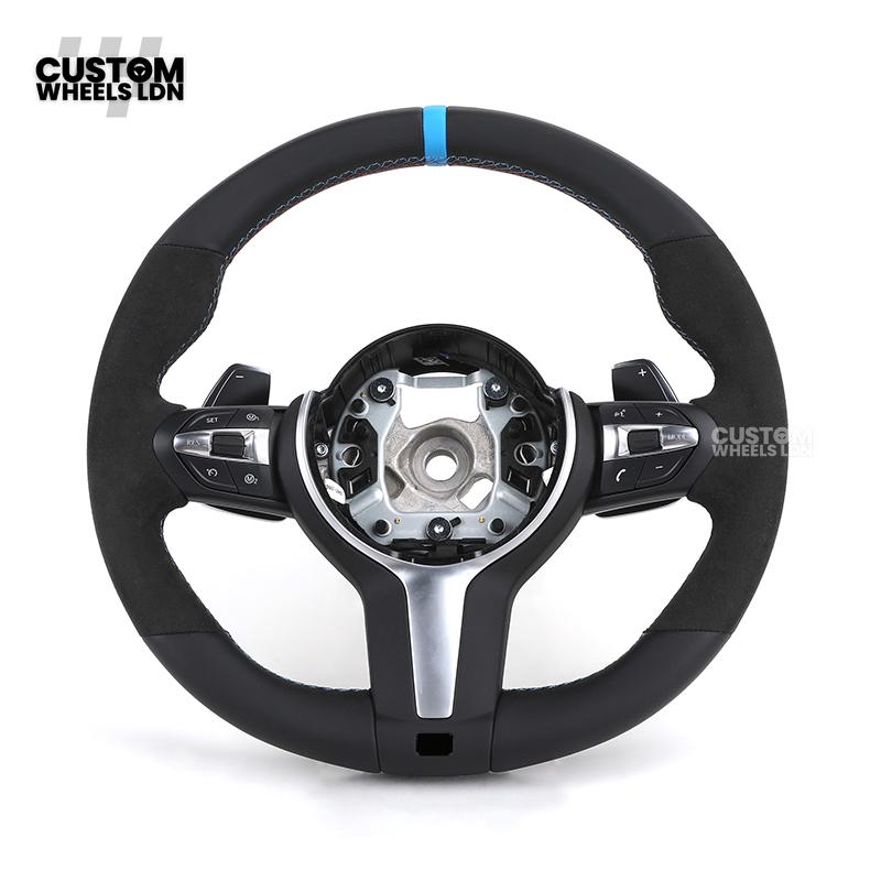 BMW Custom Flat Bottom Steering Wheel – Smooth Leather & Alcantara with Blue Center Stripe | Fits F20 F22 F30 F32 F36 F10 F06 F13 X1 X3 X4 X5 X6 + More