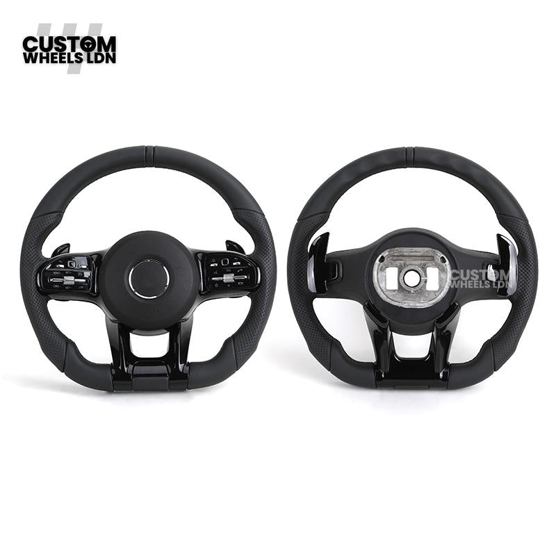 Mercedes Custom AMG Flat Bottom Steering Wheel – Black Leather, Smooth Top & Bottom, Piano Black Trim, Touch Control Buttons, AMG Badge | Fits C-Class, E-Class, CLS, GLC, GLE, G-Class + more | Plug & Play | Retrofit Upgrade for Older Models