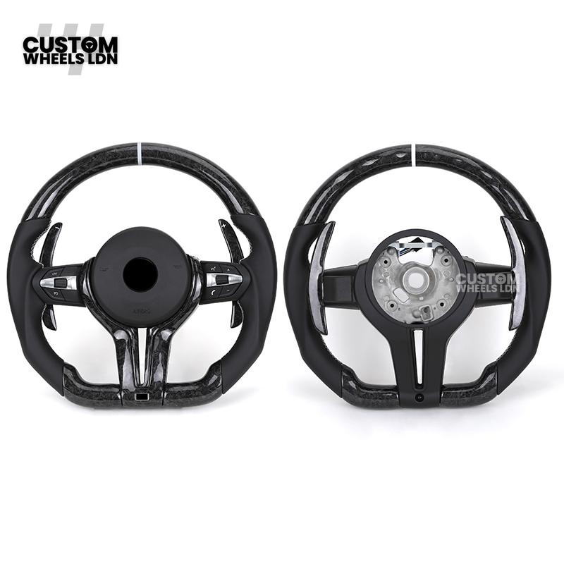BMW Custom Forged Carbon Steering Wheel with Perforated Leather & White Racing Stripe | Plug & Play | Complete Wheel | Fits F20 F21 F22 F23 F30 F31 F32 F33 F36 F80 F87 E82 E88 E90 E92 E93 + More