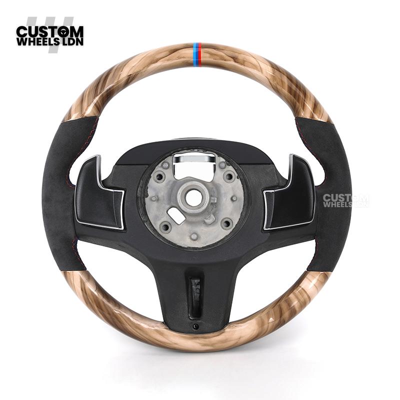 BMW Custom G-Series Steering Wheel – Gloss Wood Carbon, Flat Bottom, Alcantara Airbag – Fits G20 G21 G22 G30 G15 G05 G07 + more