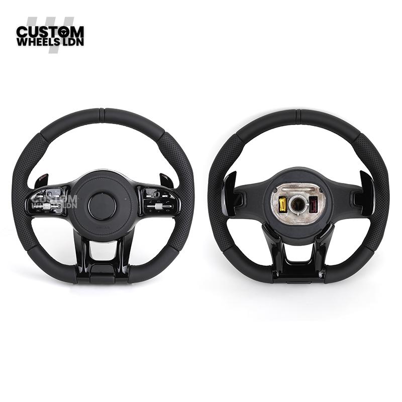 rcedes Custom AMG Flat Bottom Steering Wheel – Full Black Leather, Piano Black Trim, Touch Control Buttons, AMG Badge | Fits C-Class, E-Class, CLS, GLC, GLE, G-Class + more | Plug & Play | Retrofit Upgrade for Older Models