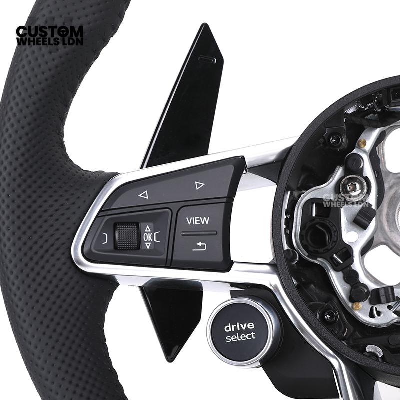 Audi Custom R8-Style Flat Bottom Steering Wheel – Black Leather, Gloss Black Paddles, Start Button, Retrofit Wiring Kit Included | Fits A4, A5, S5, A6, A7, Q5, SQ5 + more | Plug & Play | With Airbag | Upgrade for Older Models Available
