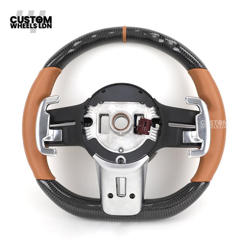 Mercedes Custom AMG Flat Bottom Steering Wheel – Brown Leather & Carbon Fibre, Tan Centre Stripe, Gloss Black Trim, Touch Control Buttons, Silver Paddles | Fits C-Class, E-Class, CLS, GLC, GLE, G-Class + more | Plug & Play | With Airbag | Retrofit Upgrade