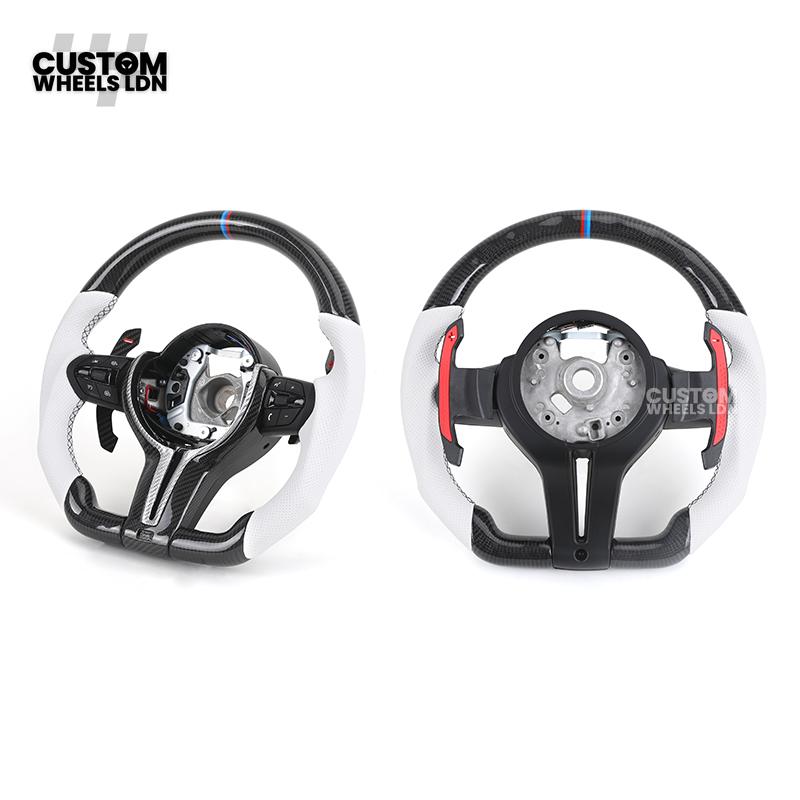 BMW Custom Carbon Fibre Steering Wheel – White Perforated Leather | M-Stripe Marker, Magnetic Paddle Shifter's | Plug & Play | Fits older models
