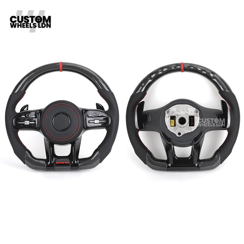 Mercedes Custom Steering Wheel | AMG Style Carbon with Red Stitching & Stripe | Black Trim + Red AMG Badge | Complete Retrofit for Older Models | Fits W205 W204 W212 W213 W218 W207 + more