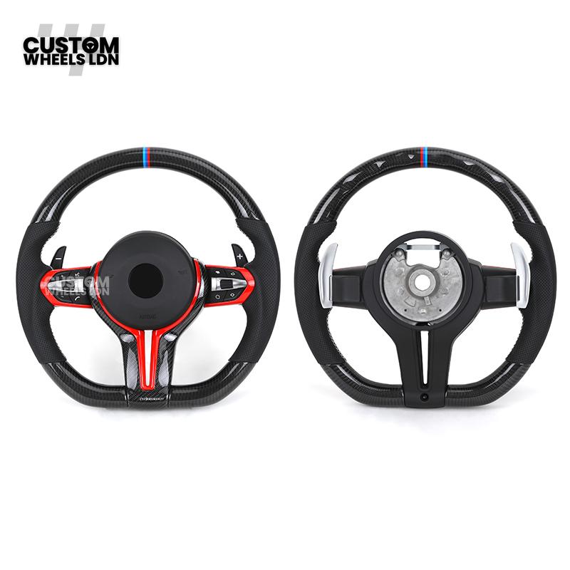BMW Custom Carbon Fibre Steering Wheel – Red Trim | Perforated Leather | M Stripe | Plug & Play | Fits 1 Series F20, 2 Series F22, 3 Series F30, 4 Series F32, M2, M3, M4, X1 F48, X2 F39, Z4 G29 + more