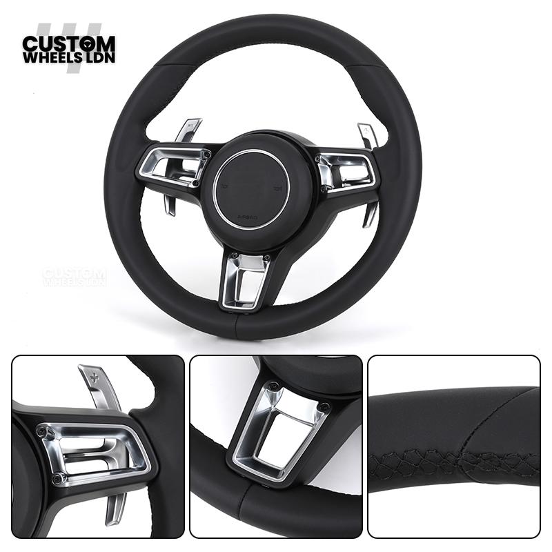 Porsche Custom Steering Wheel – Black Leather with Chrome Trim | Fits 997, 991, Panamera, Cayenne, Cayman (2000+ Plug & Play)