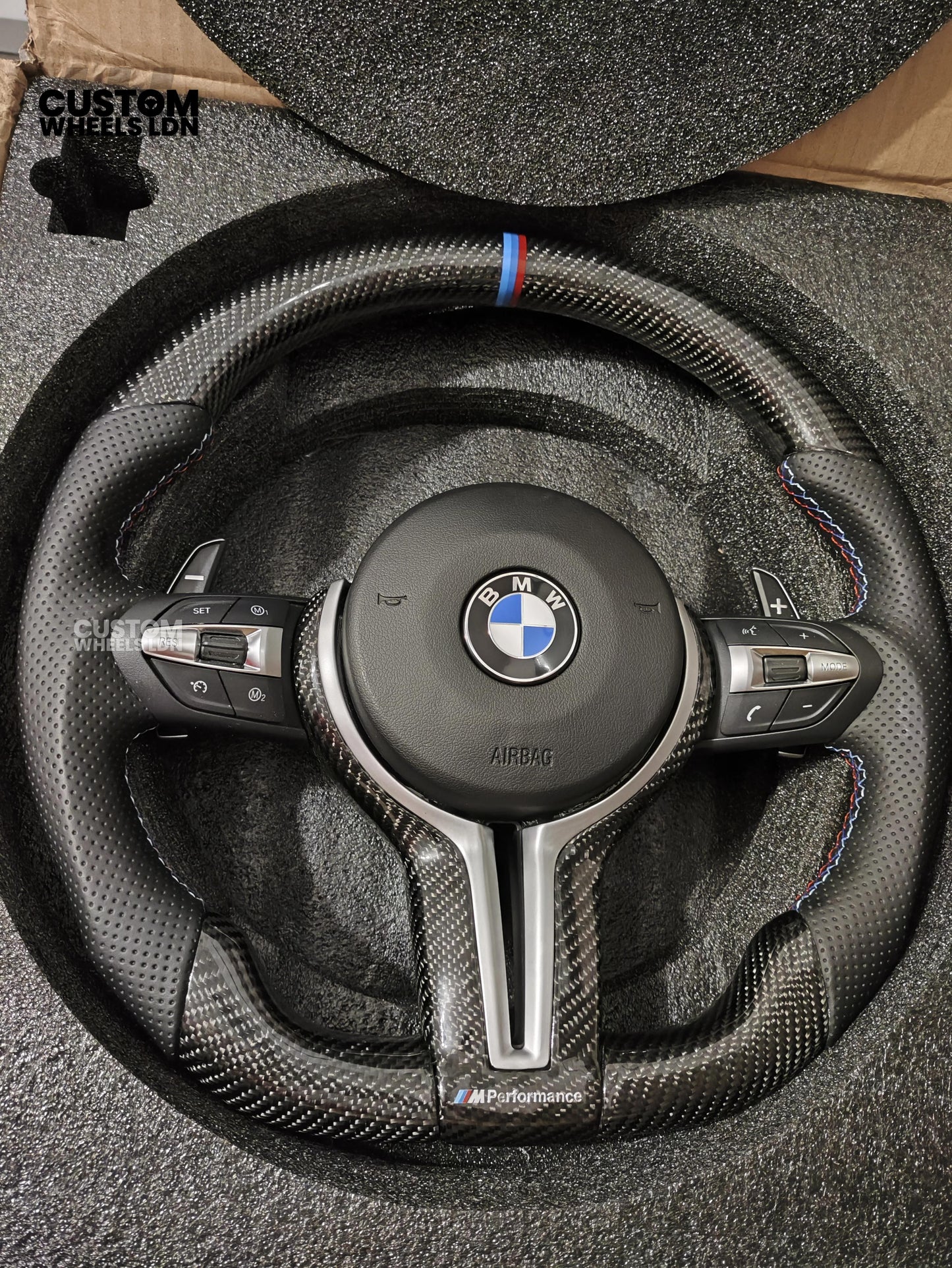 BMW Custom Carbon Fibre Steering Wheel – M-Stripe Top Marker | Perforated Leather Grip | Plug & Play | Fits older models