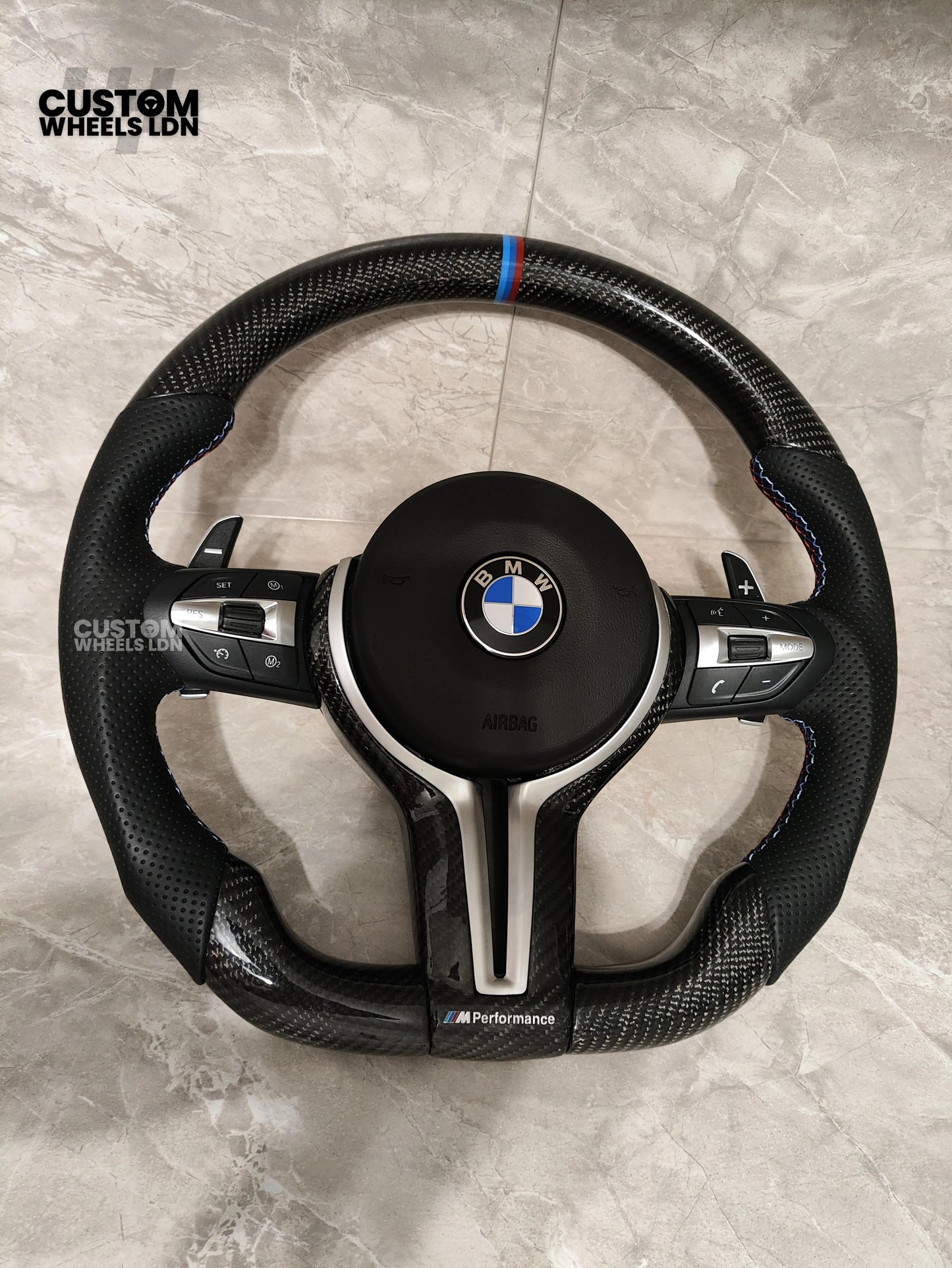 BMW Custom Carbon Fibre Steering Wheel – M-Stripe Top Marker | Perforated Leather Grip | Plug & Play | Fits older models