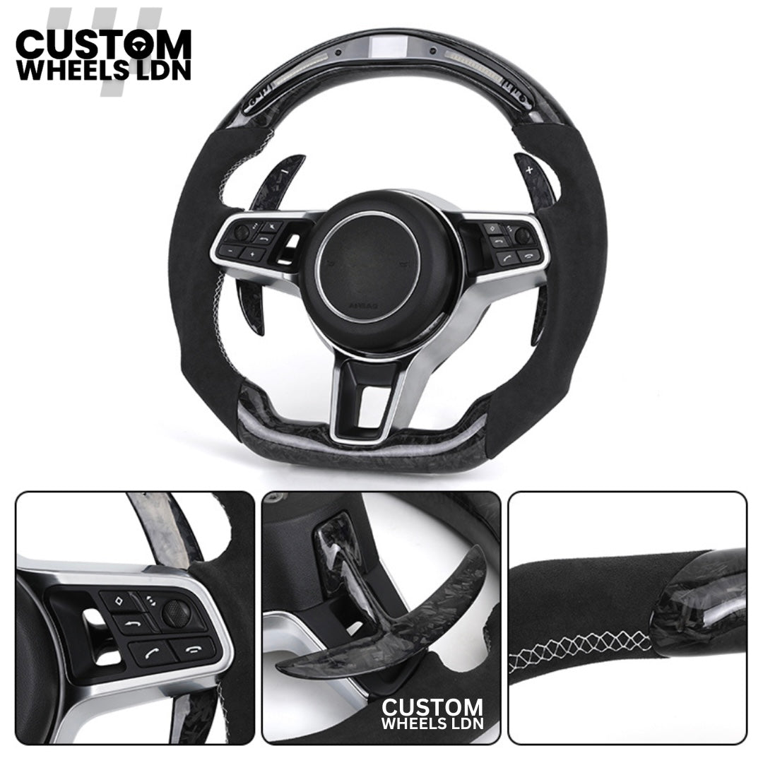 Porsche Custom LED-Lenkrad aus geschmiedetem Carbon mit abgeflachter Unterseite – passend für die meisten Modelle: 911, Cayenne, Panamera, Macan, Boxter, Taycan und mehr)