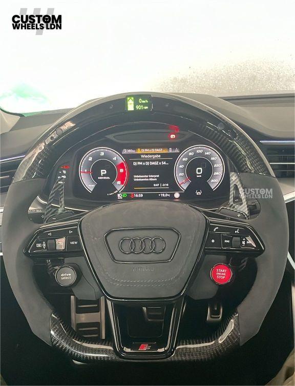 Audi Custom Q/RS Flat Bottom Steering Wheel – LED Rev Display, Alcantara Grip, Yellow Stitching, Carbon Paddles, Start Button | Fits Q3, Q5, SQ5, Q7, Q8, SQ8, RSQ8, A6, A7, S6, S7 + more | Plug & Play | With Airbag | Upgrade for Older Models Available