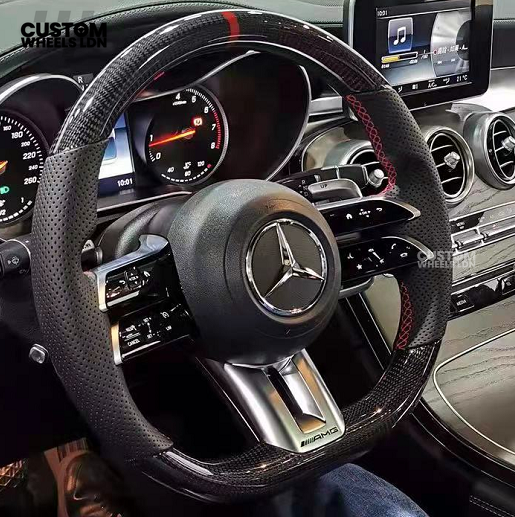 Mercedes Custom W223 AMG Flat Bottom Steering Wheel – Carbon Top & Bottom, Red Center Stripe, Perforated Grips, Silver Paddles, Touch Control Buttons | Fits C63, E63, S63, GLE, GLS, W223 + more | Plug & Play | With Airbag | Retrofit Upgrade for Older Mode