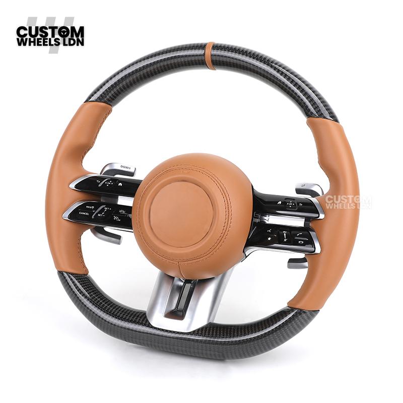 Mercedes Custom AMG Flat Bottom Steering Wheel – Brown Leather & Carbon Fibre, Tan Centre Stripe, Gloss Black Trim, Touch Control Buttons, Silver Paddles | Fits C-Class, E-Class, CLS, GLC, GLE, G-Class + more | Plug & Play | With Airbag | Retrofit Upgrade
