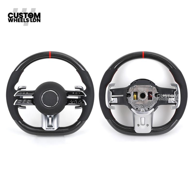 Mercedes Custom W223 AMG Flat Bottom Steering Wheel – Carbon Top & Bottom, Red Center Stripe, Perforated Grips, Silver Paddles, Touch Control Buttons | Fits C63, E63, S63, GLE, GLS, W223 + more | Plug & Play | With Airbag | Retrofit Upgrade for Older Mode