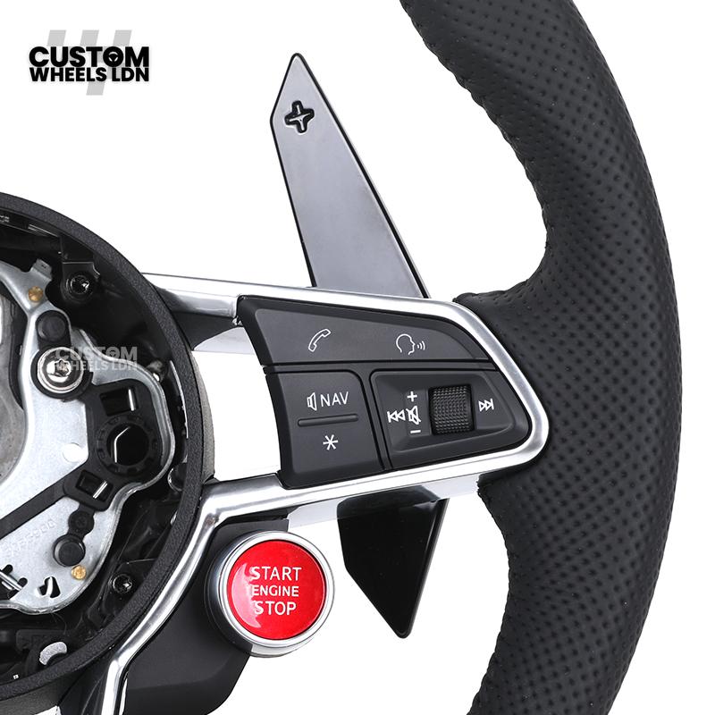Audi Custom R8-Style Flat Bottom Steering Wheel – Black Leather, Gloss Black Paddles, Start Button, Retrofit Wiring Kit Included | Fits A4, A5, S5, A6, A7, Q5, SQ5 + more | Plug & Play | With Airbag | Upgrade for Older Models Available