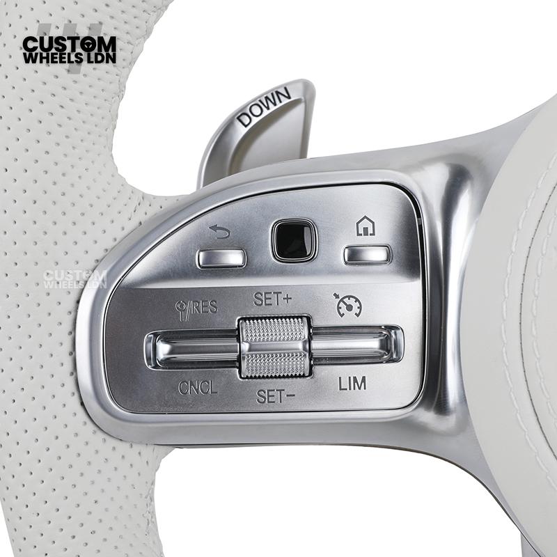 Mercedes Custom AMG Flat Bottom Steering Wheel – White Leather, Perforated Sides, Silver AMG Trim, Touch Buttons & Silver Paddles | Fits W205 C-Class, W213 E-Class, GLC, GLE, CLS + more | Plug & Play | Airbag | Retrofit Upgrade for Older Model Available