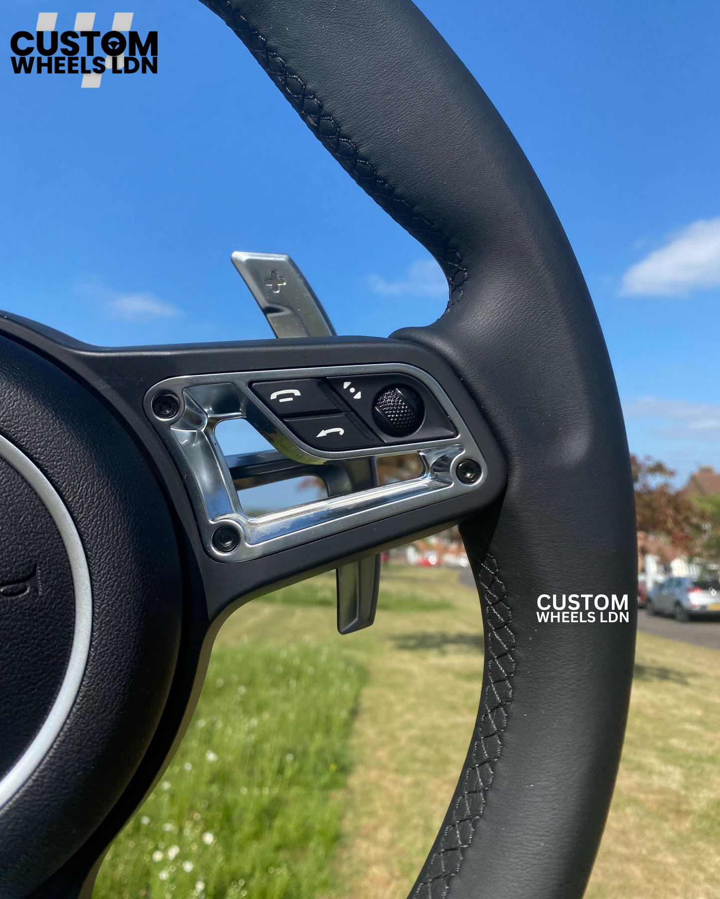 Porsche Custom Steering Wheel – Black Smooth Leather with Chrome Trim | Fits 991, 997, 981, Panamera, Cayenne + more (2000+ Plug & Play | PDK/Tiptronic)