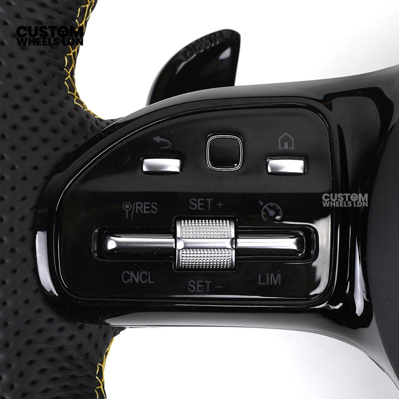 Mercedes Custom AMG Flat Bottom Steering Wheel – Black Leather, Yellow Stitching & Stripe, Piano Black Trim, Touch Control Buttons, AMG Badge | Fits C-Class, E-Class, CLS, GLC, GLE, G-Class + more | Plug & Play | Retrofit Upgrade for Older Models
