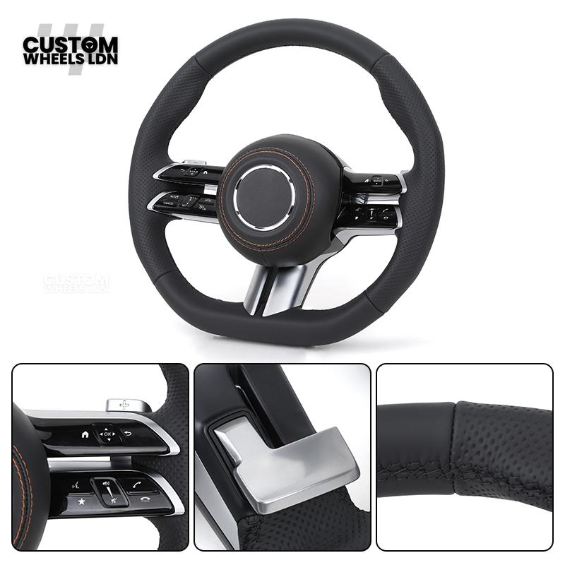 Mercedes Custom W223 Flat Bottom Steering Wheel – Black Leather, Tan Stitching, Silver Trim, Touch Control Buttons | Fits S-Class W223, GLE, GLS, E-Class W213 Facelift + more | Plug & Play | With Airbag | Retrofit Upgrade for Older Models Available