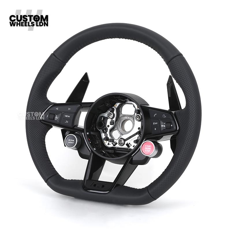 Audi Custom R8-Style Flat Bottom Steering Wheel – Black Leather, Black Stitching, Gloss Black Paddles, Start Button | Fits A4, A5, S5, A6, A7, S6, S7, Q5, SQ5 + more | Plug & Play | With Airbag | Upgrade for Older Models Available
