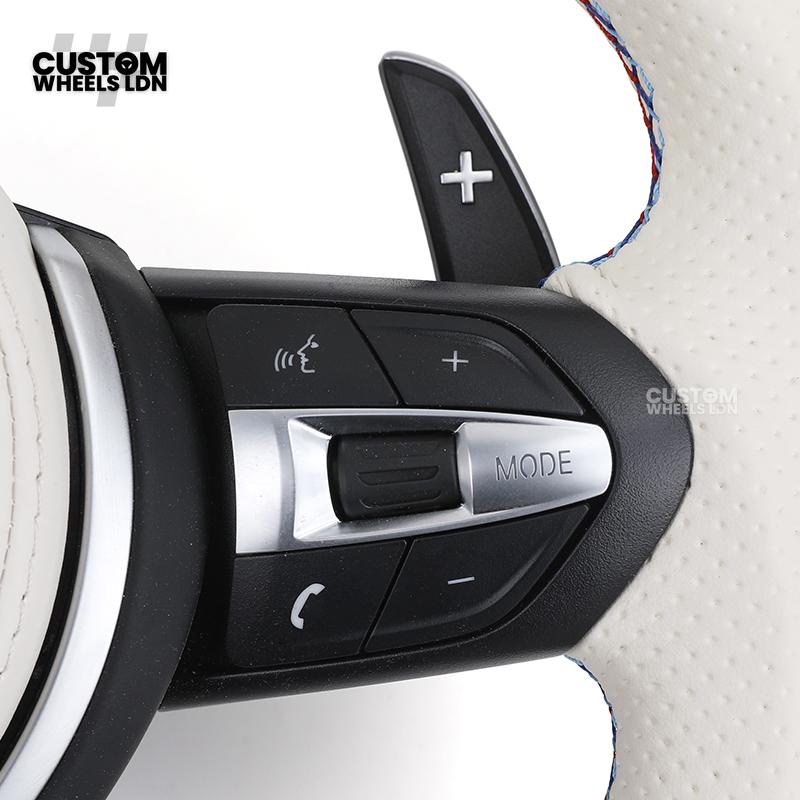 BMW Custom Flat Bottom Steering Wheel – White & Black Perforated Leather with M-Stitching | Fits F20 F22 F30 F32 F36 F10 F06 F13 X1 X3 X4 X5 X6 + More