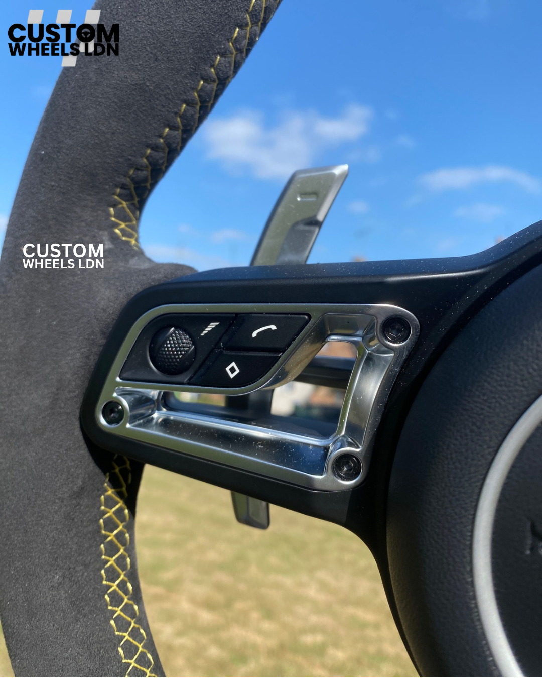 Porsche Custom Steering Wheel – Alcantara, Yellow Stitching – Fits 2000+ Models (PDK/Tiptronic)