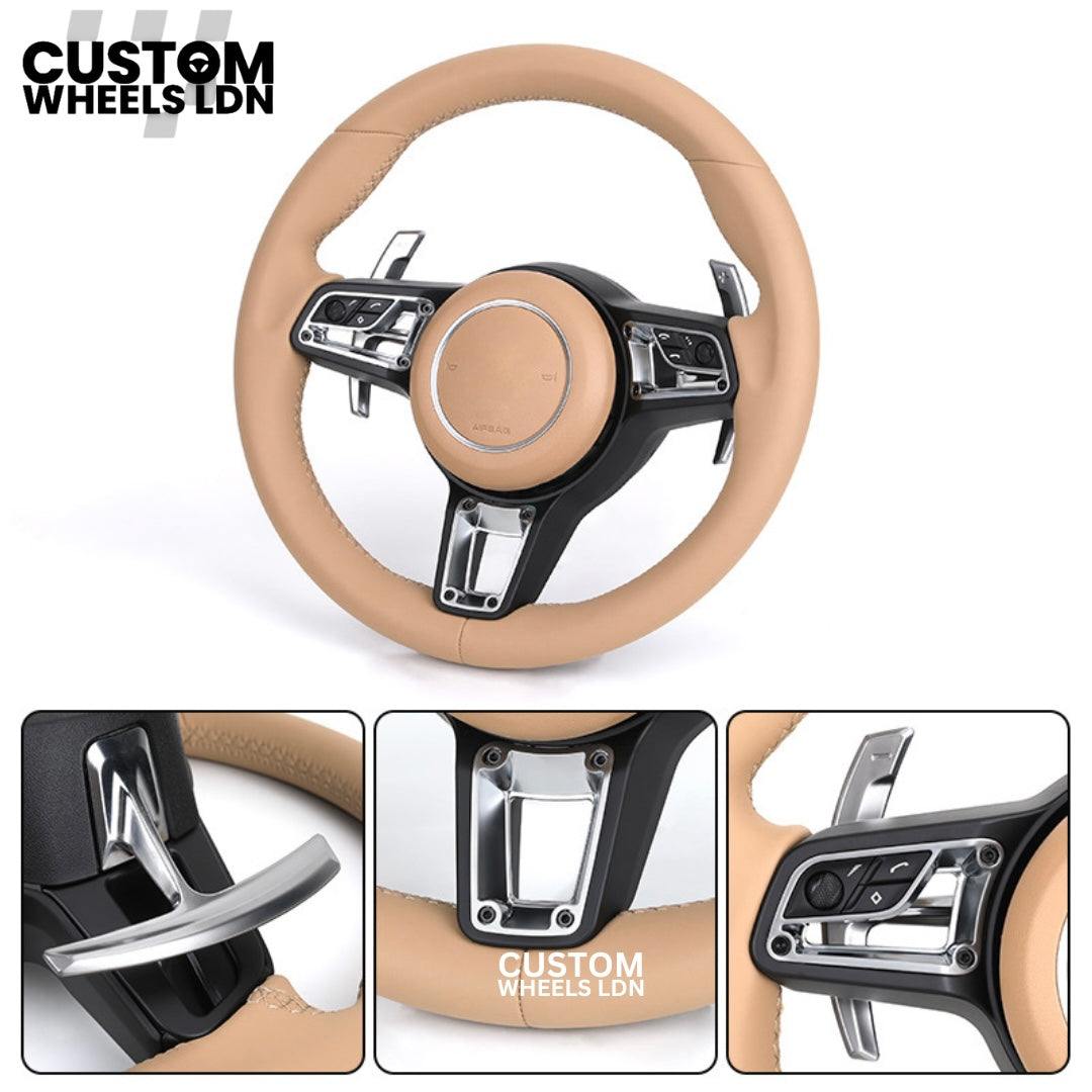 Porsche Custom Beige Full Leather Steering Wheel - Fits Most Models: 911, Cayenne, Panamera, Macan, Boxter, Taycan & More