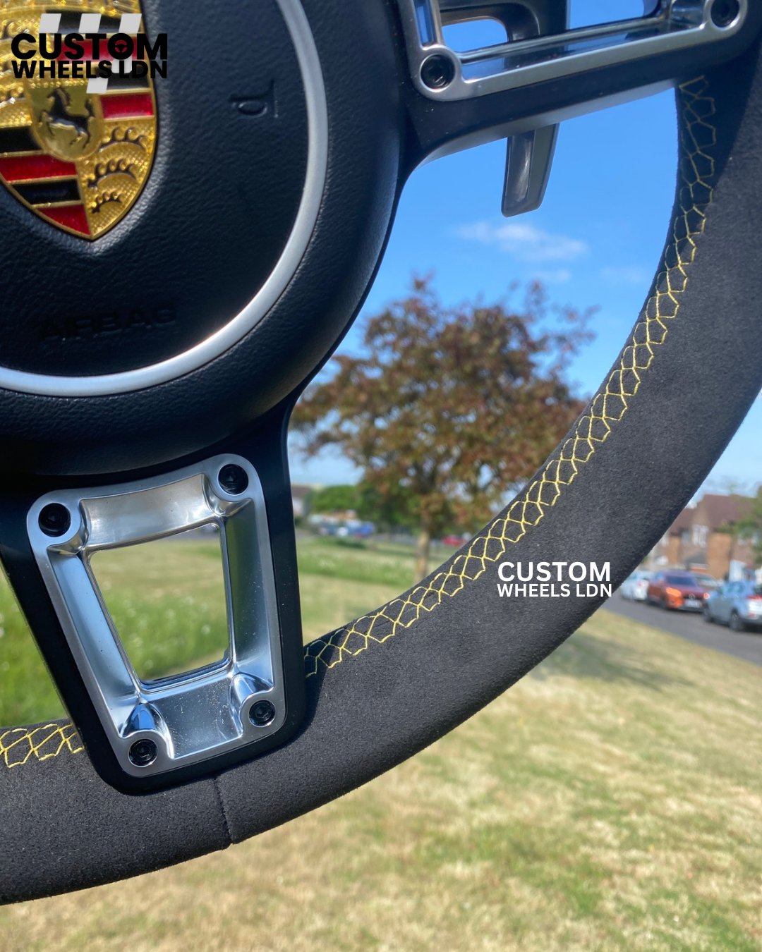 Porsche Custom Steering Wheel – Alcantara, Yellow Stitching – Fits 2000+ Models (PDK/Tiptronic)