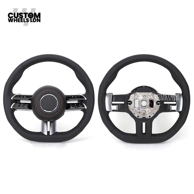 Mercedes Custom W223 Flat Bottom Steering Wheel – Black Leather, Tan Stitching, Silver Trim, Touch Control Buttons | Fits S-Class W223, GLE, GLS, E-Class W213 Facelift + more | Plug & Play | With Airbag | Retrofit Upgrade for Older Models Available
