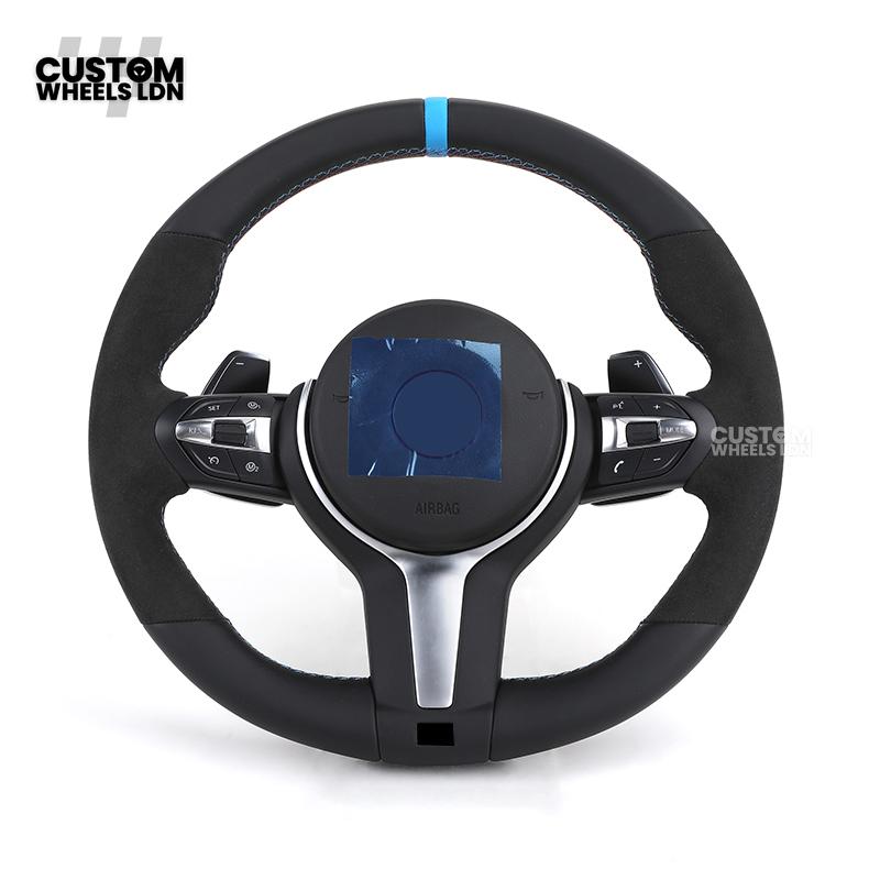 BMW Custom Flat Bottom Steering Wheel – Smooth Leather & Alcantara with Blue Center Stripe | Fits F20 F22 F30 F32 F36 F10 F06 F13 X1 X3 X4 X5 X6 + More