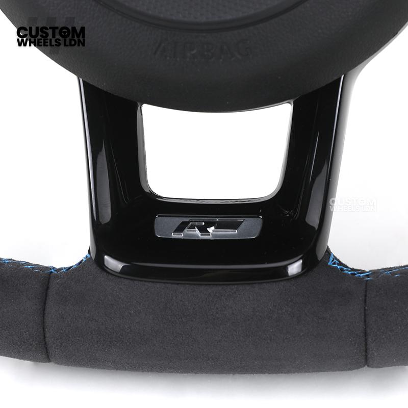 Volkswagen Custom Steering Wheel – Alcantara & Perforated Leather, Blue Centre Stripe, Flat Bottom, OEM Buttons | Fits Golf GTI, R, Polo, Passat + more | Plug & Play Retrofit Upgrade