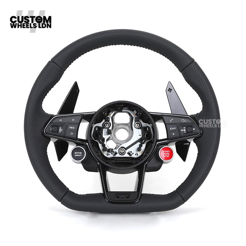 Audi Custom R8-Style Flat Bottom Steering Wheel – Black Leather, Black Stitching, Gloss Black Paddles, Start Button | Fits A4, A5, S5, A6, A7, S6, S7, Q5, SQ5 + more | Plug & Play | With Airbag | Upgrade for Older Models Available