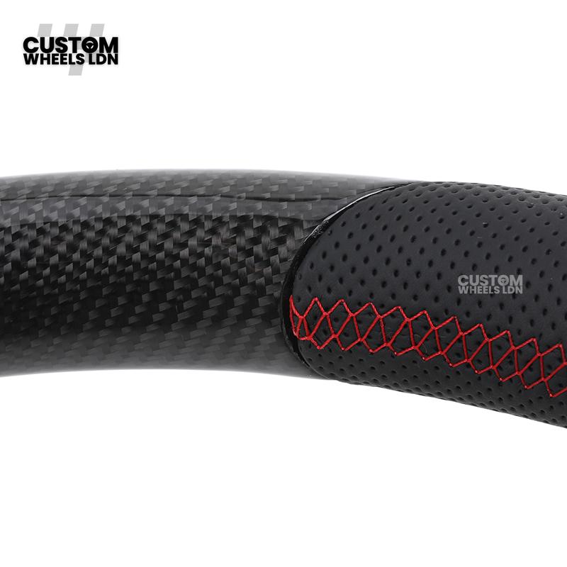 Mercedes Custom W223 AMG Flat Bottom Steering Wheel – Carbon Top & Bottom, Red Center Stripe, Perforated Grips, Silver Paddles, Touch Control Buttons | Fits C63, E63, S63, GLE, GLS, W223 + more | Plug & Play | With Airbag | Retrofit Upgrade for Older Mode