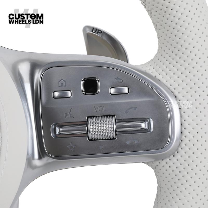 Mercedes Custom AMG Flat Bottom Steering Wheel – White Leather, Perforated Sides, Silver AMG Trim, Touch Buttons & Silver Paddles | Fits W205 C-Class, W213 E-Class, GLC, GLE, CLS + more | Plug & Play | Airbag | Retrofit Upgrade for Older Model Available