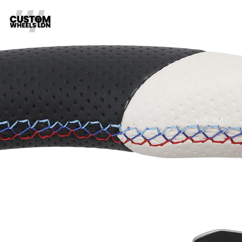 BMW Custom Flat Bottom Steering Wheel – White & Black Perforated Leather with M-Stitching | Fits F20 F22 F30 F32 F36 F10 F06 F13 X1 X3 X4 X5 X6 + More