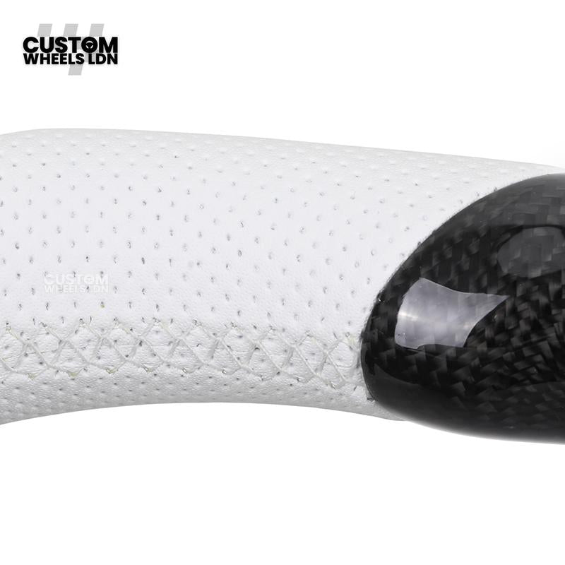 BMW Custom Carbon Fibre Steering Wheel – White Perforated Leather | M-Stripe Marker | Plug & Play | Fits older models