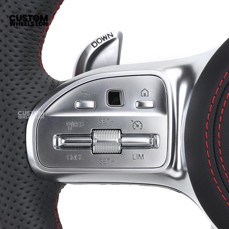 Mercedes Custom AMG Steering Wheel – Silver Trim, Red Race Stripe, Red Stitching, Perforated Leather Grip | Complete Wheel with Airbag | Plug & Play | Retrofit Available for Older Models | Fits C-Class, E-Class, GLC, W205, W213, CLA + More